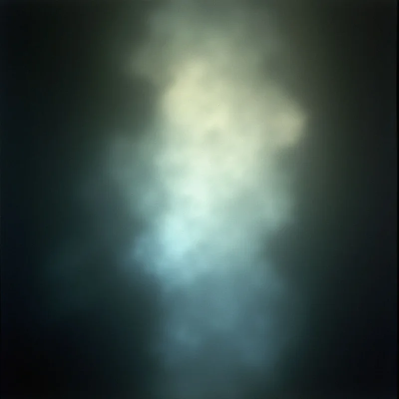 A pale, indistinct shape emerges from deep shadows, hinting at a human form but remaining largely obscured. The figure is washed out with soft greens and blues, blending into the darkness around it. It feels ethereal and ghostly, barely present within the somber space.