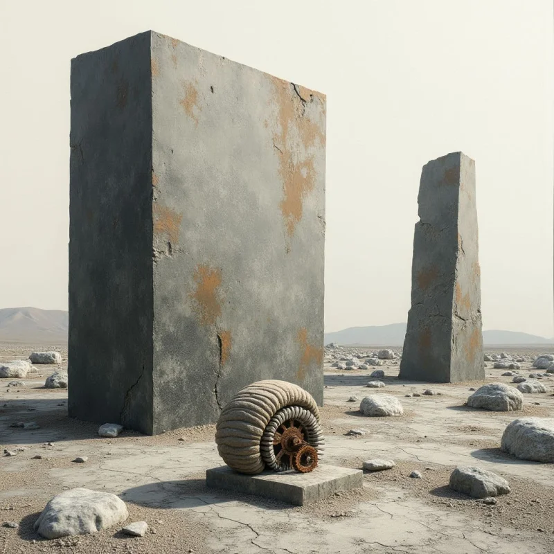 Large, rectangular gray monoliths with weathered, rusted textures stand amidst a vast, pale desert landscape dotted with small rocks. A coiled, ribbed cylindrical object rests on a low stone plinth in the foreground, featuring metallic gears and earth-toned accents. Bright, diffused light casts soft shadows across the flat ground, emphasizing the verticality of the structures against a hazy, monochromatic sky.