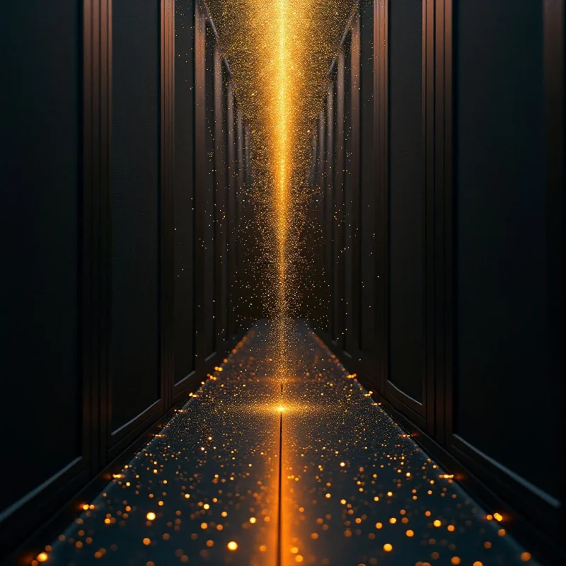 The image depicts a long, narrow corridor with dark, vertically paneled walls. A stream of bright golden particles flows linearly down the center of the space, diminishing in density towards the vanishing point, and is reflected as scattered points of light on the floor. The overall spatial relationship suggests depth and convergence, emphasized by the receding lines of the panels and the focused illumination.