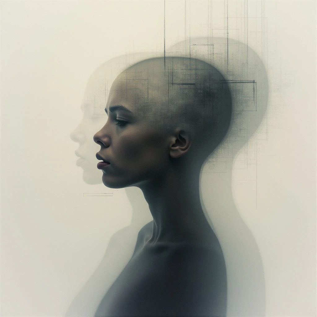 The profile of a dark-skinned woman is shown, fading into transparency as it extends to the right. Overlaid on her head are faint geometric lines resembling architectural blueprints or circuitry. The image evokes a sense of inner thought, duality, and perhaps the merging of organic and technological elements.