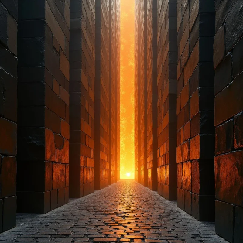 Tall, rectangular structures line a narrow pathway that recedes into the distance towards a bright source of light. The surfaces of the blocks appear rough and textured, rendered in shades of dark brown and gray with warm orange highlights reflecting from the illuminated end. Strong vertical lines dominate the composition, creating a sense of depth and enclosure while the light source suggests a central focal point.