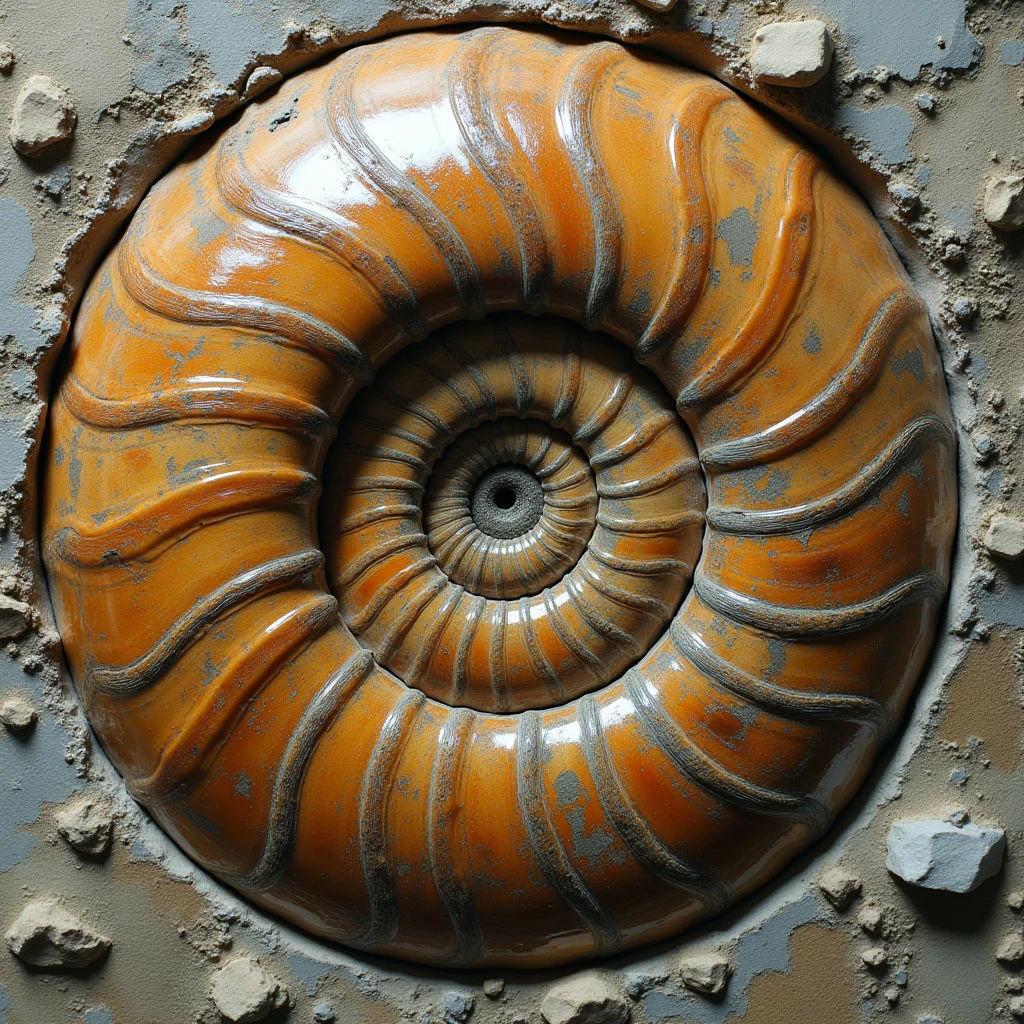 The central focus is a spiraling ammonite fossil with bands of warm orange and grey tones. The texture appears smooth and glossy on the shell itself, contrasting with the rough, fragmented surface surrounding it. Light highlights the curves of the spiral, creating depth, while shadows define the edges of broken stone pieces scattered around a recessed circular space.