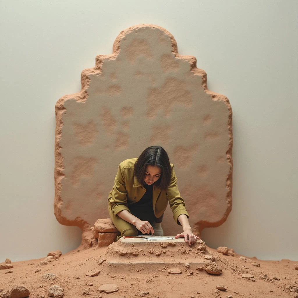 The scene is dominated by warm earth tones—various shades of tan and brown—with a pale beige background. A large, roughly textured form with an irregular, ornate outline rises behind a person seated amongst similarly textured mounds and blocks on the floor. Soft light illuminates the central figure and their work surface, creating shadows that define the shapes of the surrounding material and suggest depth within the space.