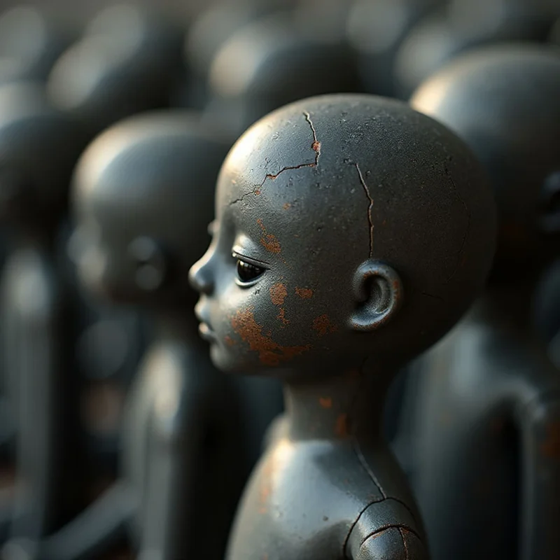 The image features a close-up of numerous doll heads with a muted grey color palette and hints of rust-brown discoloration. The surfaces appear textured with cracks and imperfections, contrasting with the smooth curves of the faces and ears. A soft light source illuminates the front head, creating subtle shadows that define the forms while obscuring details in the crowded background.