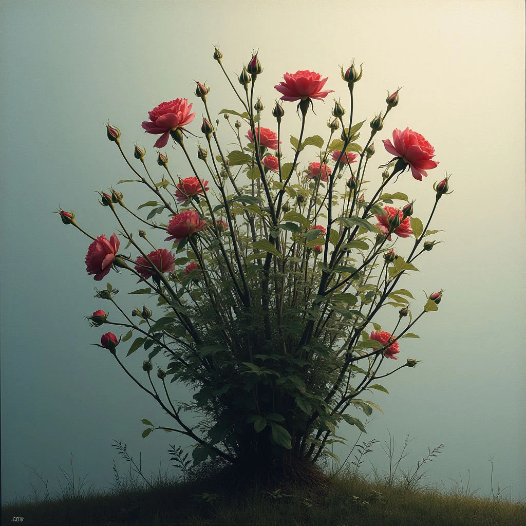 A dense bush of red roses blooms against a muted, hazy background. Many buds are still closed, interspersed with fully opened flowers, creating a vibrant yet soft display. The bush sits atop a small grassy mound, grounding it in a simple natural setting.