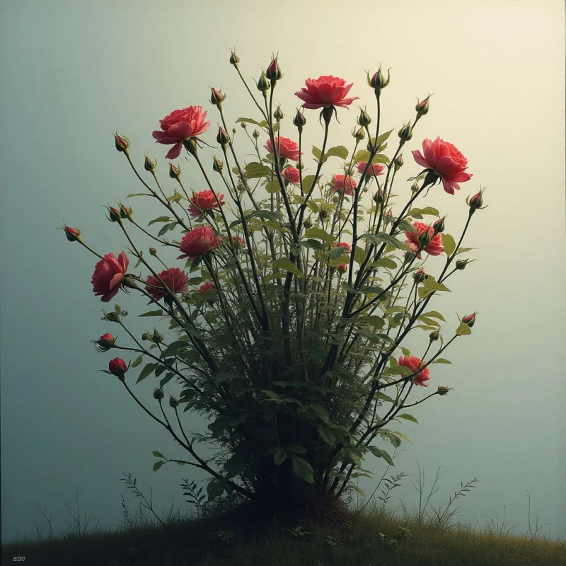 A dense bush of red roses blooms against a muted, hazy background. Many buds are still closed, interspersed with fully opened flowers, creating a vibrant yet soft display. The bush sits atop a small grassy mound, grounding it in a simple natural setting.