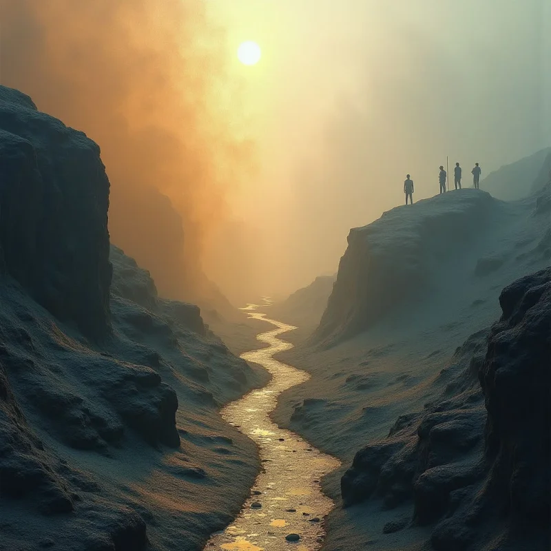 A winding river of golden light flows through a deep canyon of rugged, dark grey rock formations. A hazy, amber sky transitions into soft teal tones near the top, with a bright sun casting a diffused glow over the landscape. Four silhouetted figures stand on a high cliff edge in the mid-ground, overlooking the vast, misty valley below.