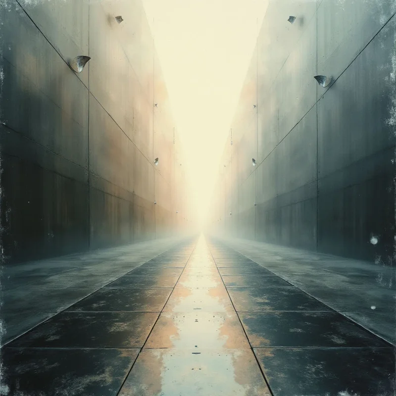 A long, narrow hallway stretches into the distance, lined with tall, dark gray walls divided into rectangular panels. Small lights are spaced evenly along both sides of the corridor, casting a faint glow on the wet tiled floor. A bright, hazy light emanates from the far end of the hall, drawing the eye towards an unseen point.