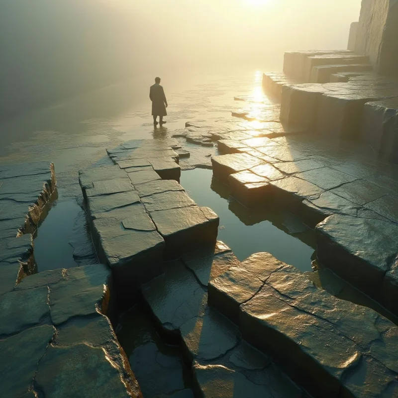 The image is dominated by muted tones of grey and gold, with a hazy atmosphere obscuring distant forms. Rough, fractured stone blocks of varying sizes create a complex foreground texture, partially submerged in reflective water pools. A solitary silhouetted figure stands small within the vast, open space, oriented towards a bright light source at the horizon that casts long reflections across the scene.