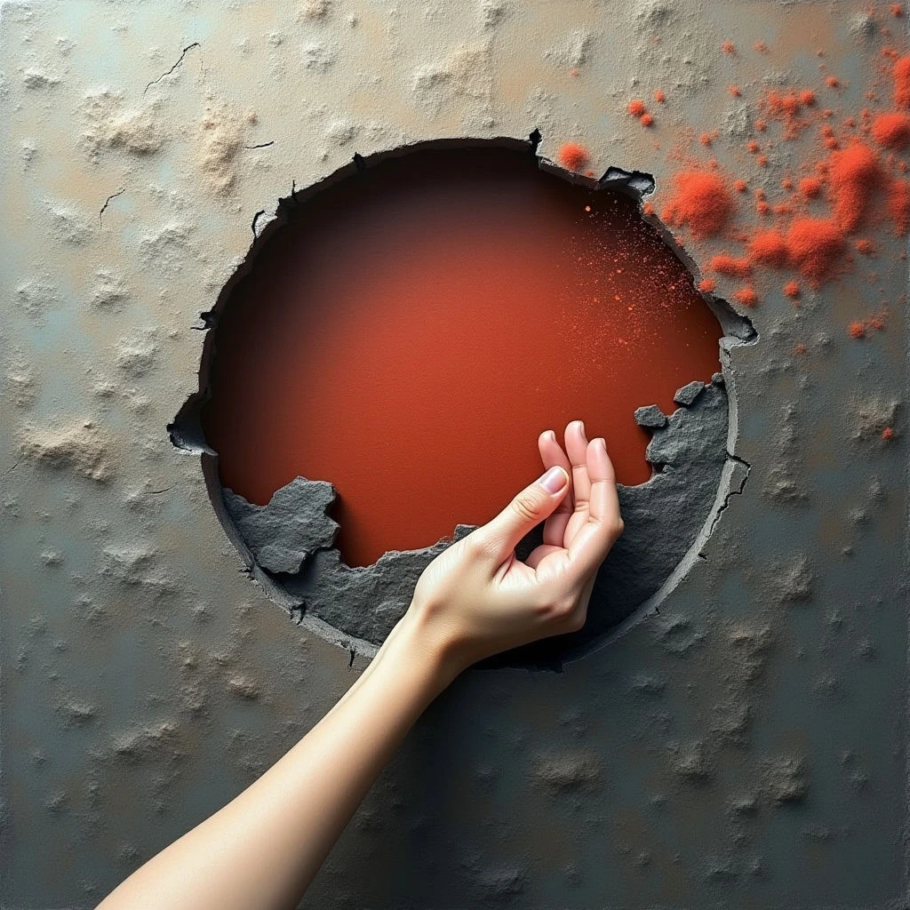 The image features a predominantly gray and reddish color scheme, with a textured surface resembling cracked or eroded material surrounding a central circular opening filled with a smooth, solid red. A pale hand extends towards the hole from the left side of the frame, partially obscured by jagged edges of the broken surface; light appears to emanate from within the red circle, casting subtle shadows on the surrounding texture. The spatial relationship suggests depth, as if the hand is reaching into another dimension or space beyond the fractured gray plane.