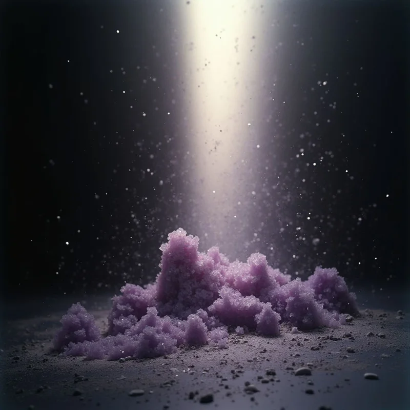 The image features a central cluster of textured, lilac material resting on a dark grey surface, with particles dispersing upwards into a black background. A bright, vertical shaft of white light illuminates the scene from above, creating highlights and shadows within the granular forms. The spatial arrangement suggests a shallow depth of field, focusing attention on the illuminated pile while surrounding elements recede into darkness.