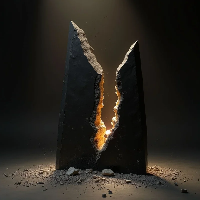 A dark, jagged monolith with a rough, stone-like texture stands centered against a dim background, split by a deep vertical fissure. A warm, golden light glows from within the crevice, illuminating the internal crags and casting soft light onto the scattered debris at its base. The composition features sharp, angular silhouettes contrasted against a smooth, shadowy void.