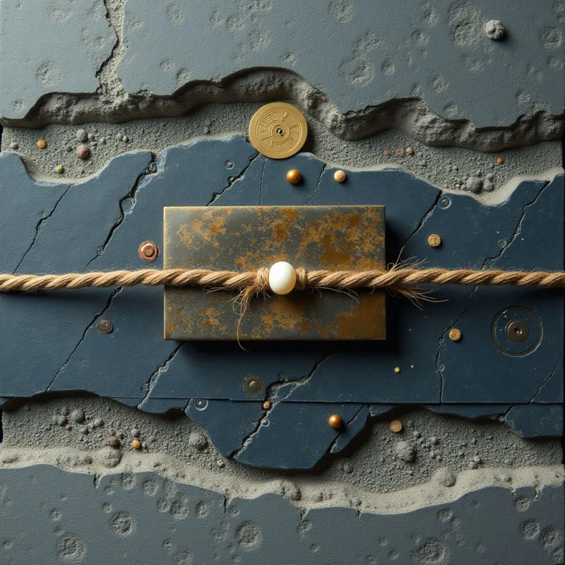 A thick, fibrous tan rope stretches horizontally across a central rectangular bronze plate, which is secured by a single white oval bead. The background consists of irregular, layered slabs of dark blue and textured grey stone featuring pitted surfaces and jagged cracks. Small, spherical metallic elements in gold and copper tones are scattered throughout the composition, creating varied depths within the recessed crevices.