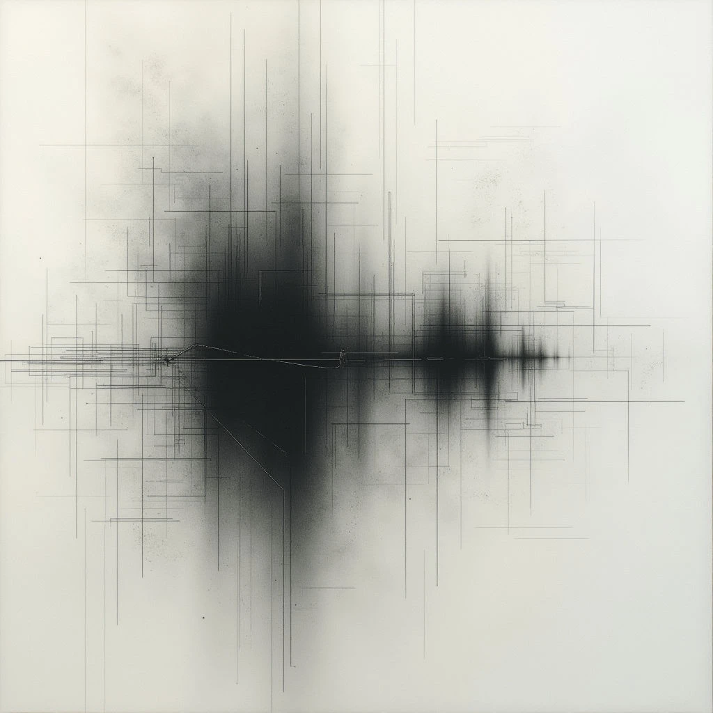 A dense, dark shape dominates the center of a white background, resembling a blurred waveform or explosion. Thin, intersecting lines create a grid-like structure around and through the darkness, suggesting complexity or a network. The overall effect is abstract and evokes a sense of energy radiating from a central point.
