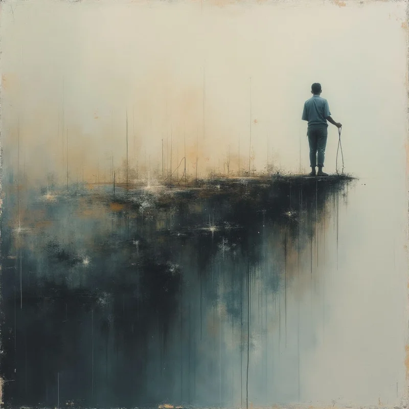 A lone figure stands on a small, dark island surrounded by a vast expanse of water. The sky is pale and hazy, with hints of gold near the horizon, creating a soft, dreamlike atmosphere. Reflections shimmer in the water below, blurring the line between reality and illusion.