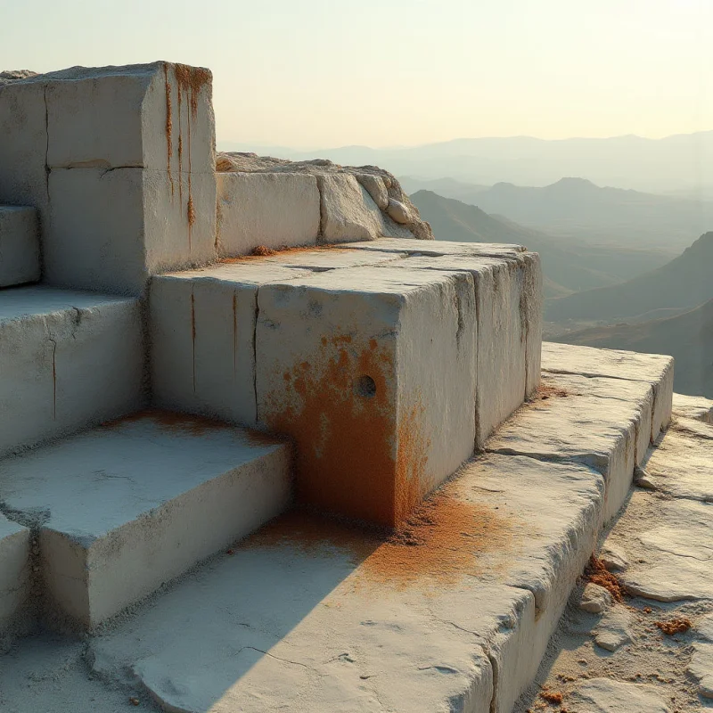 Large, rectangular white stone blocks with weathered, porous textures and orange rust-colored staining are arranged in tiered, geometric layers. The composition is set against a vast, hazy landscape of soft, undulating mountain silhouettes under pale, diffused light. Sharp shadows define the edges of the stone structures, creating a strong sense of depth between the foreground masonry and the distant horizon.