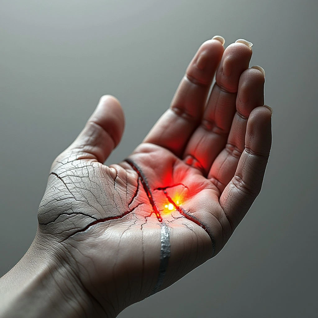 The image features a dark-skinned hand held palm up, with cracked lines visible across the skin and a small cluster of glowing orange lights nestled within the center. The background is a muted grey gradient, creating contrast with the hand’s texture and the bright illumination. Shapes are primarily organic – the curves of the fingers and palm – juxtaposed against the geometric forms of the cracks and the pinpoint lights.