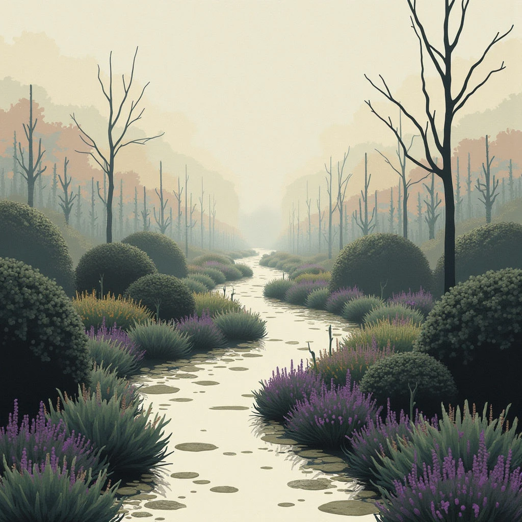 A narrow stream winds through a misty landscape of rounded, dark green bushes and bare trees. Patches of purple wildflowers line the banks of the water, leading the eye towards a bright, hazy distance. The overall scene is calm and muted in tone, with a sense of stillness and quiet beauty.