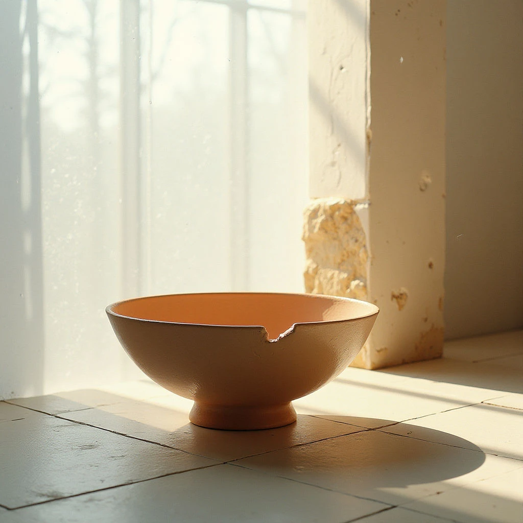 The scene is dominated by warm terracotta tones in the bowl and surrounding walls, contrasted with cooler off-whites from the window and floor tiles. Rough textures are visible on the stone wall and within the bowl’s form, while smoother surfaces define the tiled floor and interior of the vessel. Light enters strongly from the left, casting a distinct shadow that extends across the floor and highlights the bowl's shape as it sits centrally in the space.