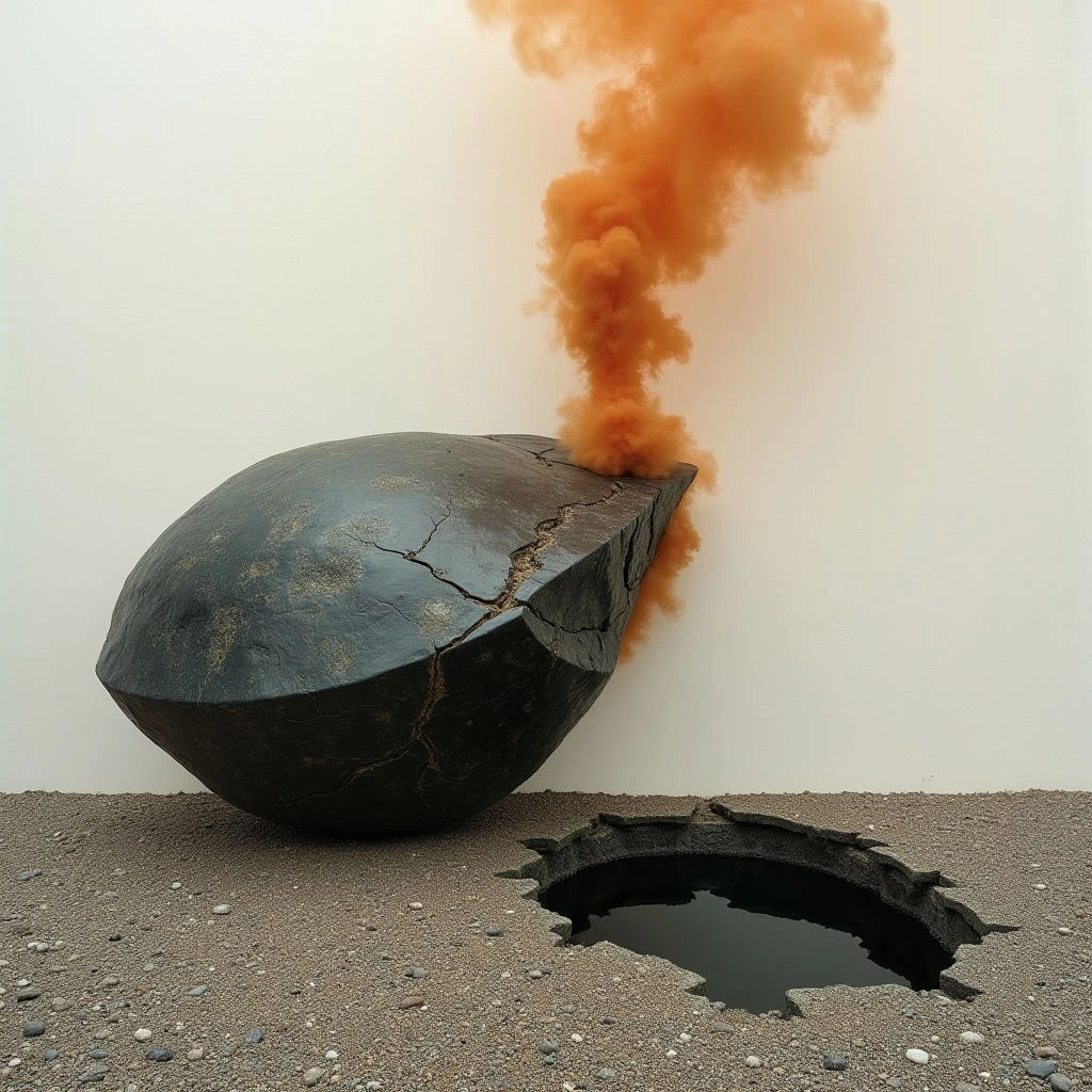 A large, dark, irregularly shaped object rests on a tan, textured surface with a prominent crack running across its form. Rising from the open portion of the object is a dense plume of orange smoke that contrasts sharply with the pale wall behind it. Directly in front of the object is a circular hole in the surface, mirroring the shape of the break and revealing a dark interior space below.