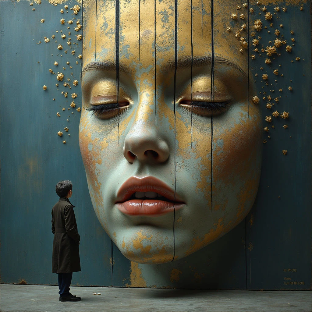 The image features a large-scale face constructed from vertical panels of teal and gold, with scattered golden floral embellishments across a dark teal background. The texture appears smooth on the facial planes but segmented by the panel lines, contrasting with the rougher surface surrounding the face; light highlights the central nose and lips, creating depth. A small figure stands in profile to the left, dwarfed by the immense scale of the face which dominates the composition and occupies most of the frame.