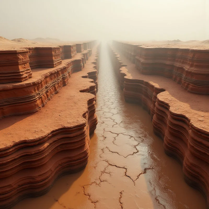 A deep canyon with layered, terraced walls of reddish-orange rock creates a strong sense of linear perspective leading toward a hazy horizon. The rugged, striated texture of the cliffs contrasts with the smooth, cracked surface of the dry riverbed below. Soft, diffused light permeates the scene, casting gentle shadows within the crevices and creating a monochromatic atmosphere of warm earth tones.