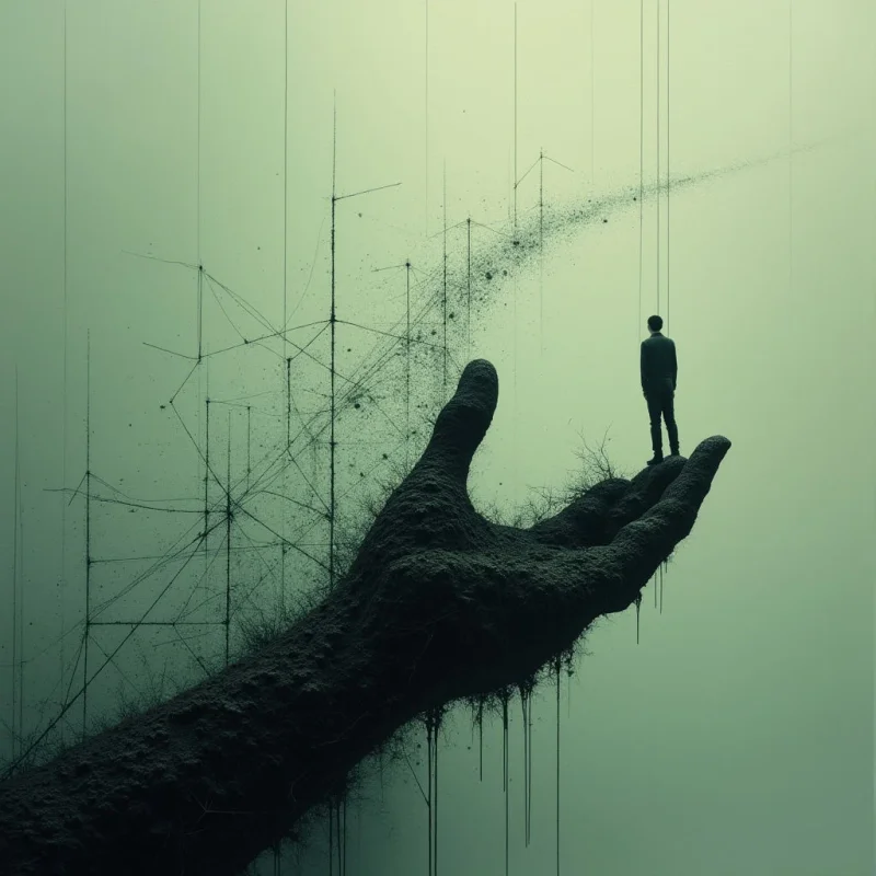A large, dark, textured hand extends diagonally from the bottom left toward the center, supporting a small silhouette of a person standing on its fingertips. The composition is set against a pale, monochromatic greenish-gray background filled with thin vertical lines and intersecting geometric wireframe structures. Light appears diffused and even, creating a high-contrast relationship between the dark foreground elements and the misty, expansive space.