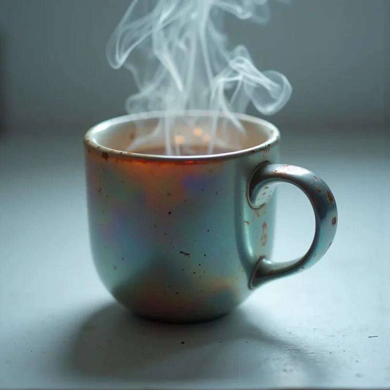 A speckled, iridescent mug sits on a cool gray surface. Wisps of steam rise from the dark liquid within, suggesting it’s freshly poured and hot. The mug's colors shift between blues, oranges, and browns in the soft light.