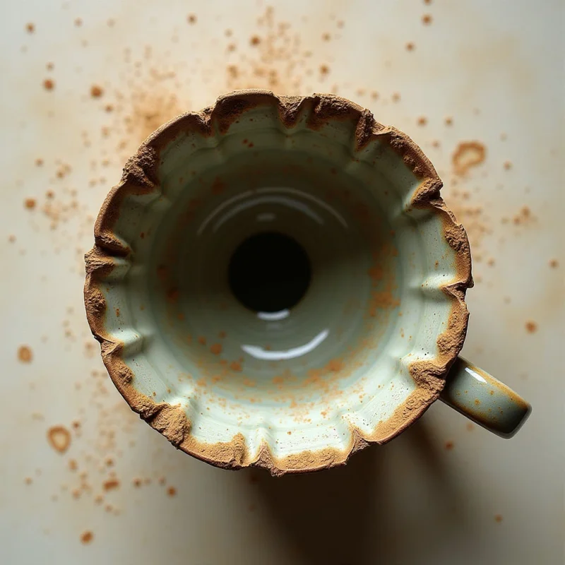 The image is dominated by a pale green ceramic cup viewed directly from above, with a dark void visible within its interior. A rough, textured rim of brown residue surrounds the opening, and scattered particles of similar material are spread across an off-white surface. Light casts subtle shadows around the cup's form, emphasizing its three-dimensional shape while creating reflections along the inner walls.