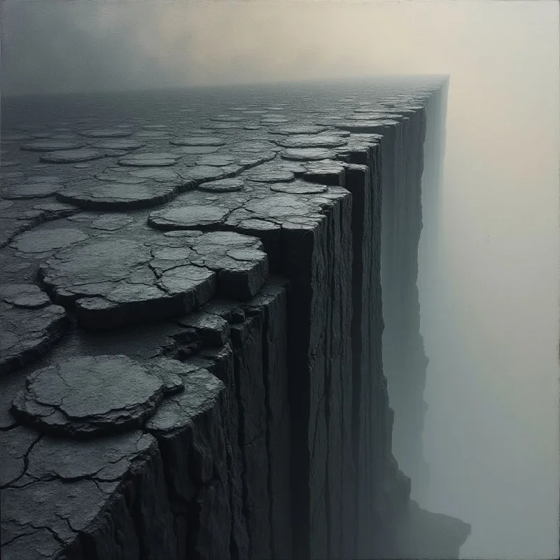 A dark, cracked plateau of textured grey stone extends toward a foggy horizon, meeting a sharp vertical drop. The composition is defined by irregular, geometric fissures on the flat surface and deep, jagged crevices along the cliff's edge. Soft, diffused light emerges from a pale background, obscuring the depth below the precipice in thick mist.
