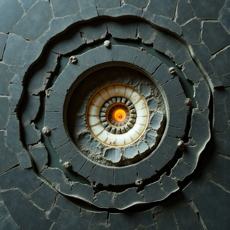 Concentric, irregular rings of dark gray, cracked stone surround a central glowing orb of warm amber light. The composition features rough, granular textures and jagged edges that contrast with the smooth, segmented inner circle. A radial arrangement moves from the bright, luminous center outward toward larger, textured layers of matte charcoal material.