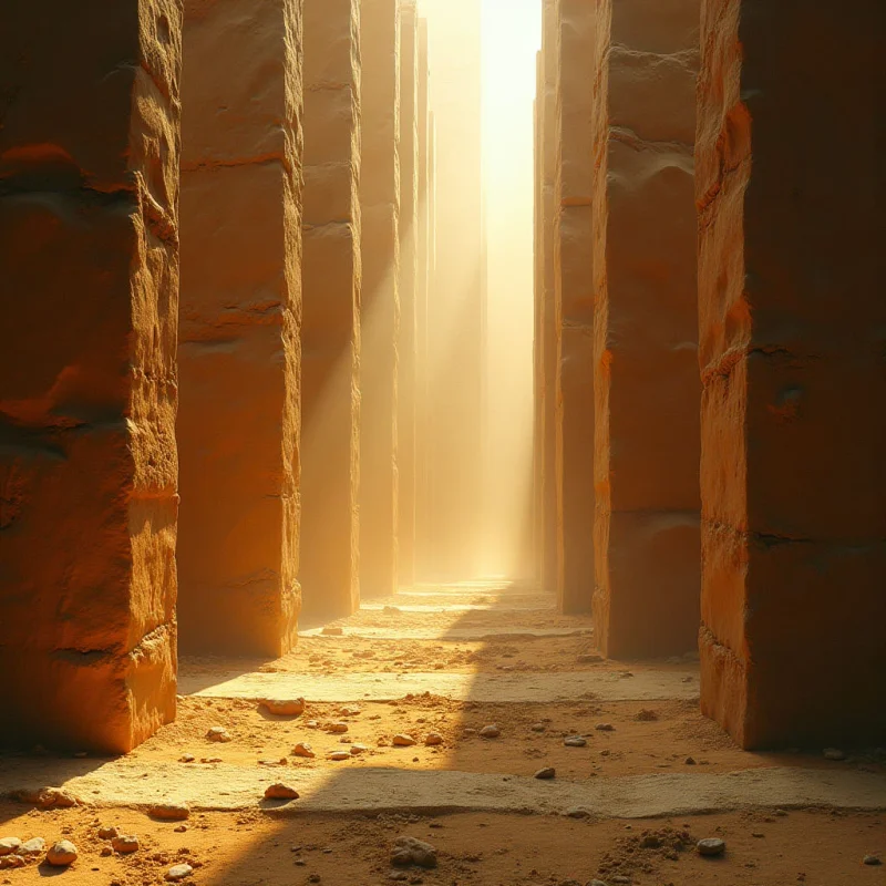 Tall, vertical stone pillars with rough, weathered textures line a narrow corridor of sand and earth. Warm amber and golden tones dominate the scene, creating a high-contrast environment where bright light streams from the far end into deep shadows. The composition uses strong linear perspective to draw the eye through the repetitive shapes toward a luminous, hazy background.