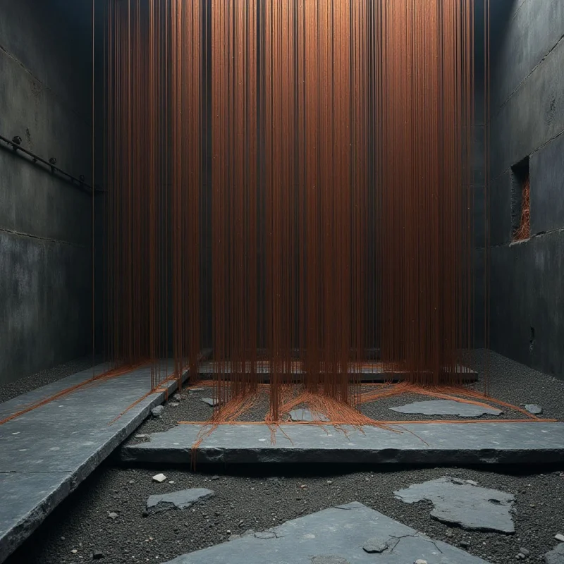 Vertical orange lines hang from the ceiling to the floor, creating a dense curtain of thin, string-like textures within a gray concrete room. The composition features sharp geometric shapes through the flat slabs of stone on the ground and the solid walls that frame the space. Dim light illuminates the center, casting soft shadows across the rough, pebbled flooring and the smooth surfaces of the surrounding structures.