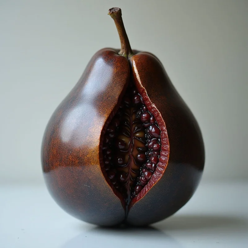 A dark, reddish-brown pear-shaped object sits centrally against a pale, neutral background, featuring a deep vertical split that reveals a textured interior of small, glistening dark seeds. The smooth, polished exterior reflects soft light, contrasting with the wet, granular appearance of the core. The composition is symmetrical and centered, creating a sense of depth through subtle shadows on the white surface below.