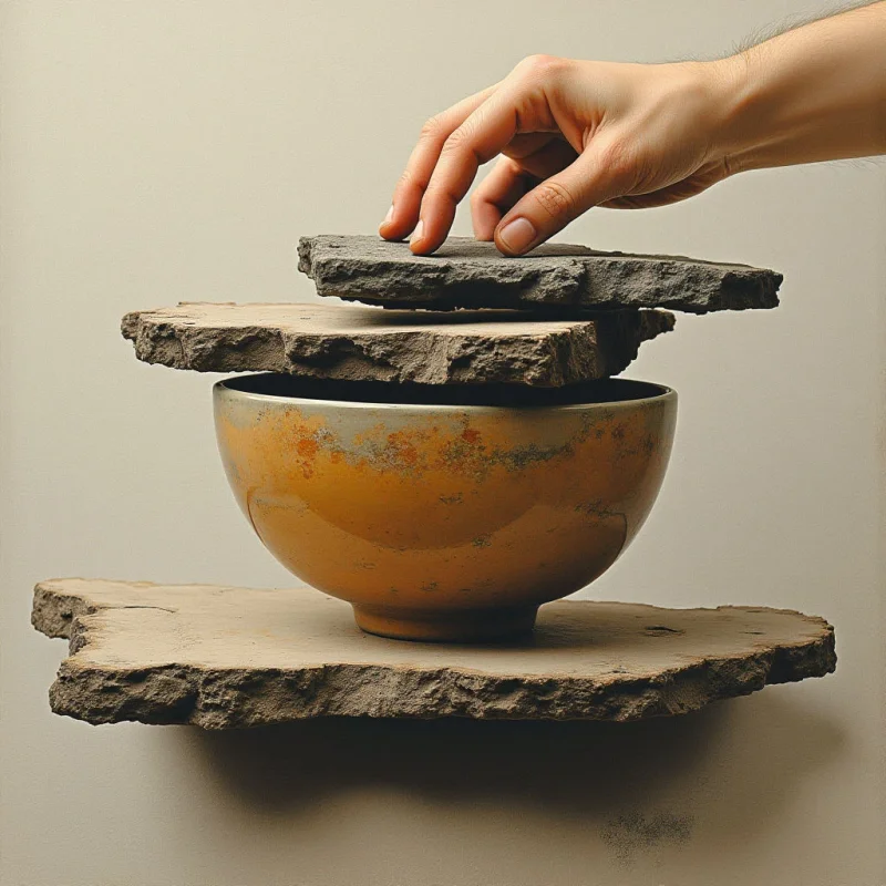 A tan ceramic bowl sits centered between two thick, irregular slabs of dark grey stone. A hand reaches from the upper right to balance a third piece of textured stone atop the stack against a neutral, light beige background. Soft, diffused light creates subtle shadows beneath the stone layers and highlights the smooth surface of the bowl.