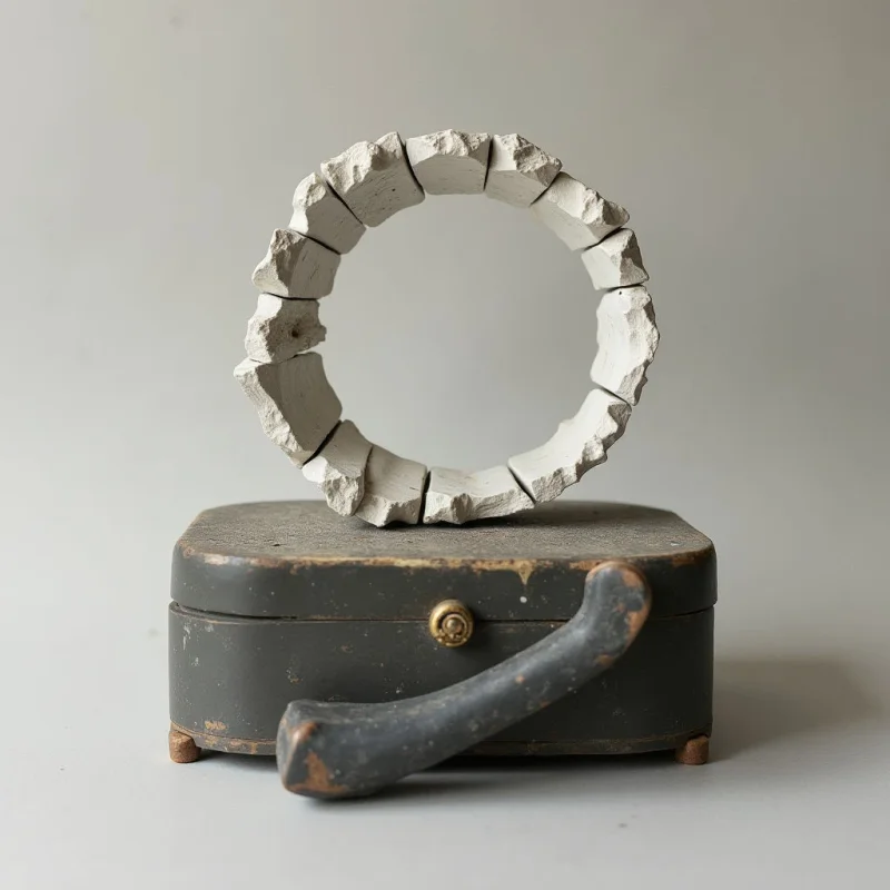 The image features a muted color palette of grays and off-whites against a pale background. A roughly circular arrangement of fragmented, textured blocks rests atop a dark gray rectangular box with visible wear, while a long, curved metal object lies across its surface. Soft, diffused light creates subtle shadows that emphasize the shapes and textures of each component, establishing a sense of depth between the objects and their supporting plane.