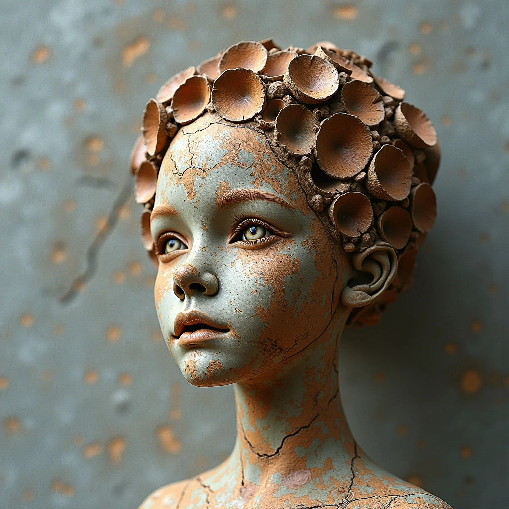 The image features a bust of a humanoid figure with pale green skin contrasted by areas of reddish-brown cracking and texture. The head is adorned with overlapping circular elements resembling petals or scales, creating a layered, organic shape. Soft light illuminates the face, highlighting its smooth planes while casting shadows that emphasize the textured surface and define the spatial depth of the form against a mottled gray background.