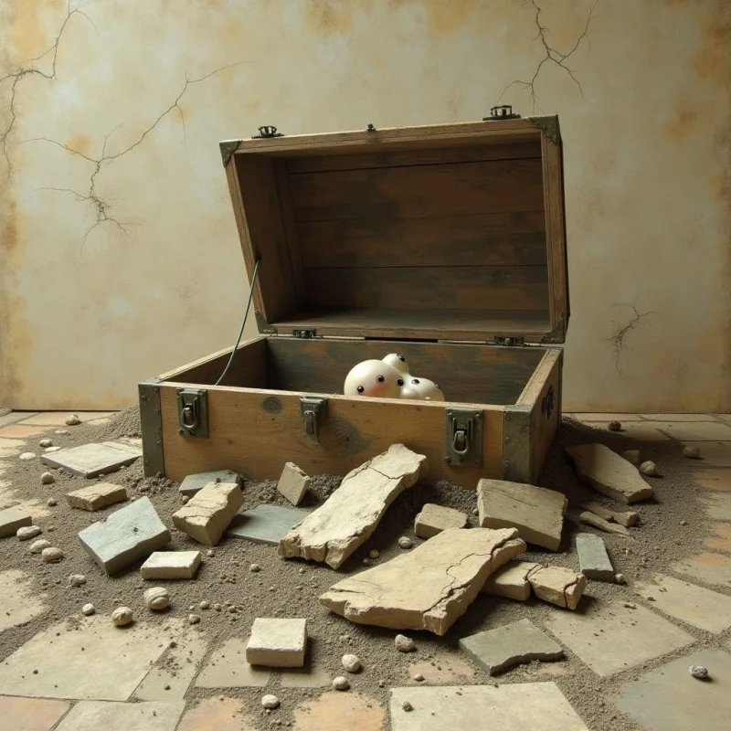 An open wooden chest sits amidst scattered stone fragments and fine sand on a tiled floor against a cracked, beige wall. The composition uses muted earth tones of tan, brown, and grey, featuring the rough textures of weathered wood, jagged rocks, and grainy sand. Soft, diffused light illuminates the scene, creating subtle shadows that define the spatial relationship between the central chest and the debris surrounding it.