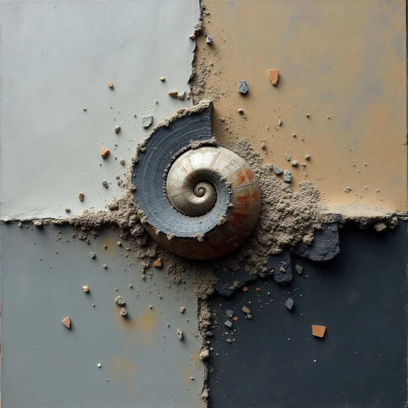A central spiral shell sits atop a textured, sandy mound that bridges four rectangular color fields of cream, tan, gray, and charcoal. The composition features a mix of smooth matte surfaces and gritty, granular textures interspersed with small, jagged stone fragments. Light falls evenly across the scene, defining the three-dimensional curves of the shell and the irregular edges of the central mass.