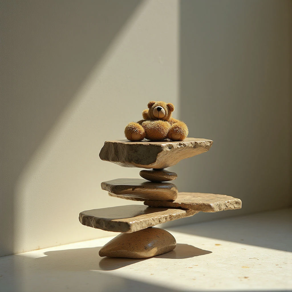 The image features a stack of irregularly shaped, flat stones balanced on a white surface against a pale beige wall. Warm browns and tans dominate the color palette, present in both the stones and a small plush bear resting atop the highest one. Strong directional light casts sharp shadows behind the stack, emphasizing its form and creating contrast with the brighter surfaces.