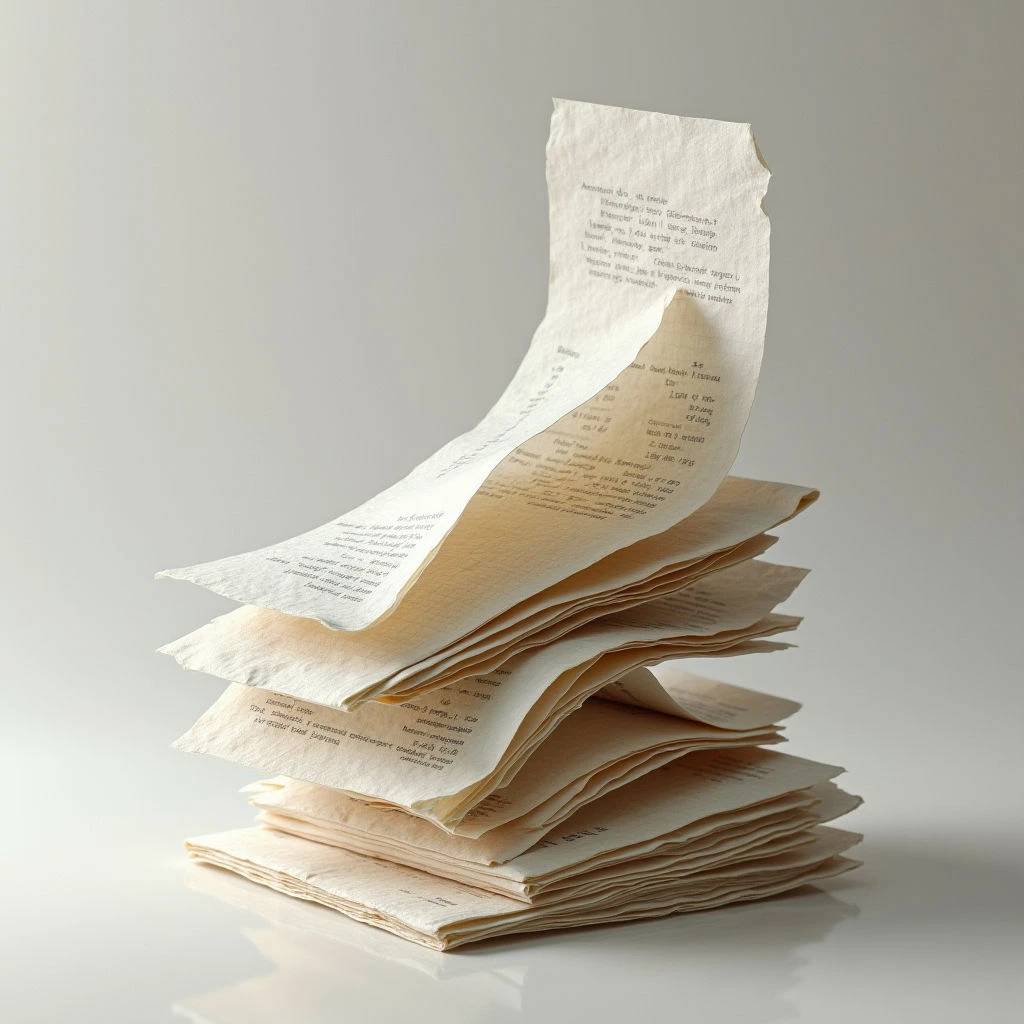 The image features a stack of receipts cascading downwards from a higher central point to a wider base. Colors are primarily off-white and beige tones with dark gray or black printed text covering the surfaces of each receipt. The texture appears slightly crinkled and layered, while soft light creates gentle shadows emphasizing the form and individual sheets within the pile.