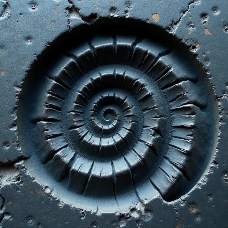 A dark blue, textured surface features a circular indentation containing a raised spiral relief. The composition is defined by concentric, radiating ridges that create rhythmic patterns of light and shadow within the recessed area. Deep grooves and pitted textures contrast with the smooth, curving lines of the central shell-like form.