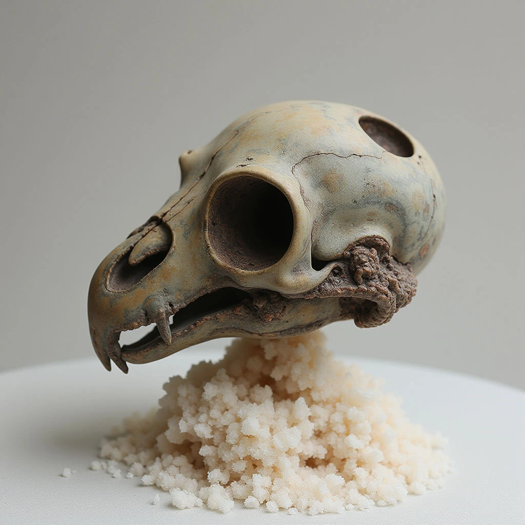 The image features a weathered animal skull resting atop a granular, pale mound. Colors are primarily muted earth tones—beige, tan, and brown—contrasting with the bright white of the base material. Light is diffused and even, highlighting the rough texture of both the bone structure and the crystalline substance below, while spatial relationships suggest a close-up view with shallow depth of field.