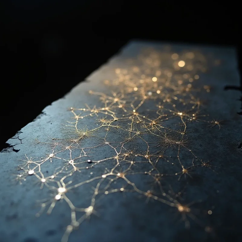 The image features a dark, textured surface—likely stone or concrete—with a network of thin, golden lines connecting bright points of light across its expanse. These illuminated nodes and filaments appear to float above the darker base, creating a constellation-like pattern with varying intensities of glow. The composition is dominated by cool blues and blacks contrasted against warm gold tones, and a strong directional light source highlights reflections on the surface while casting deep shadows along the edges.