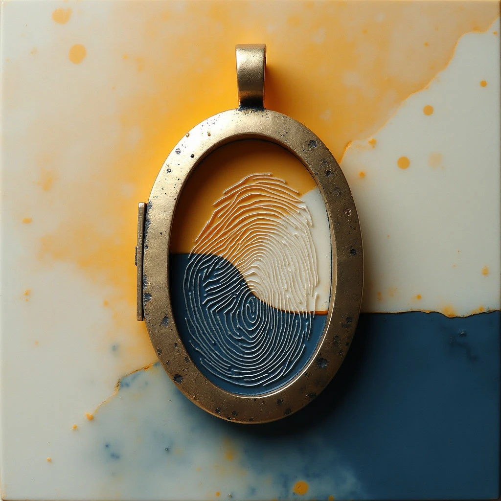 The image features an oval object with a textured, metallic surface resting on a background divided into sections of cream, orange, and dark blue. Within the oval are two swirling shapes—one white and one dark blue—that resemble fingerprints and occupy roughly half of the space each. Light appears to be coming from above, creating subtle shadows within the fingerprint details and across the textured metal, with a generally even distribution throughout the composition.