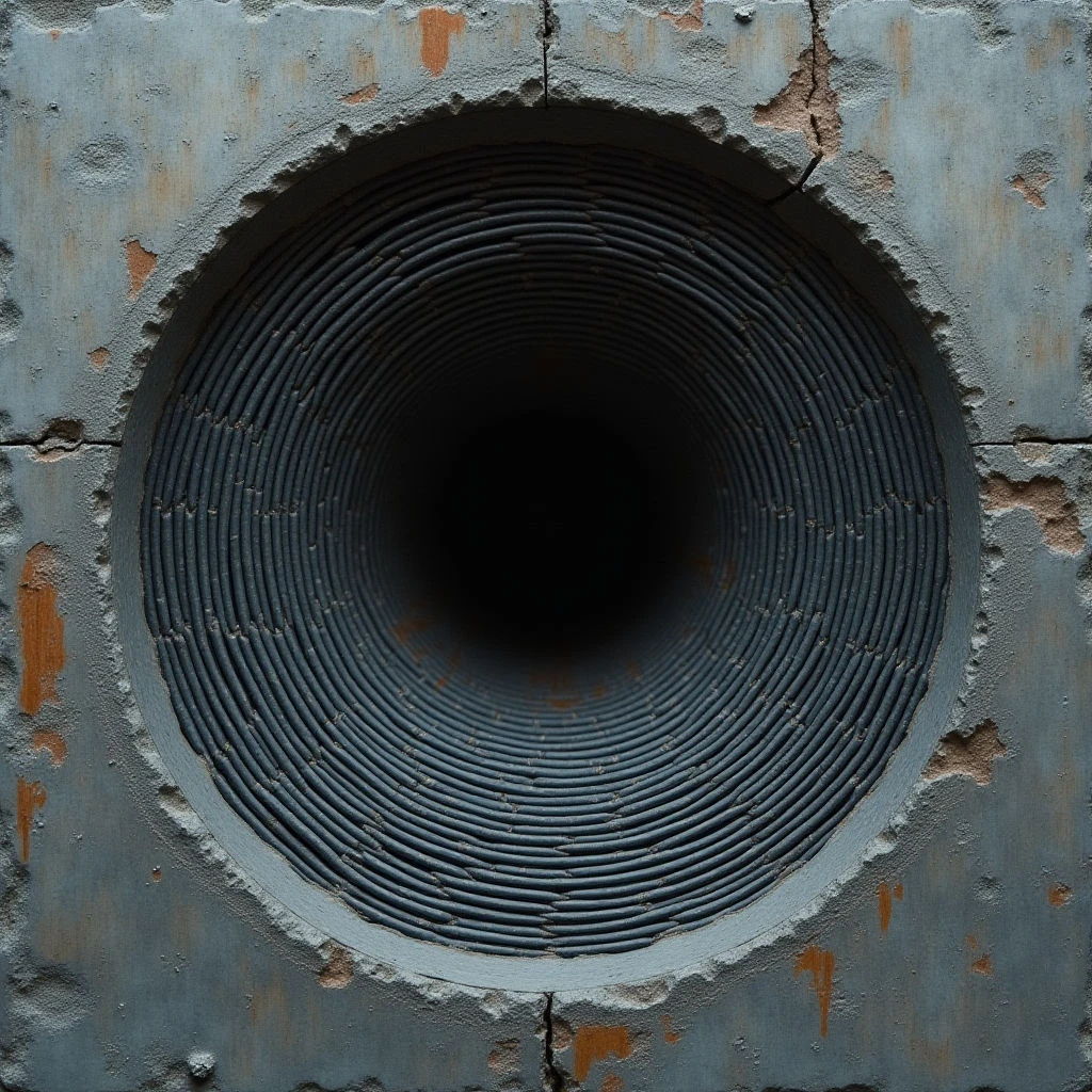 The image features a circular opening within a roughly square, textured surface of faded blue with patches of rust-colored chipping paint. Concentric rings of dark cabling fill the hole, receding into darkness at its center, creating a strong sense of depth. The surrounding material appears coarse and uneven, contrasting with the smooth repetition of the cables, while subtle light variations highlight the surface imperfections.