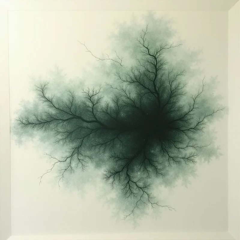 A dark green, fractal-like form radiates from a dense, black center toward the edges of a pale, off-white background. The composition features intricate, branching shapes that transition from thick, shadowy limbs to delicate, vein-like filaments with a soft, misty texture. Light appears to emanate from behind the central mass, creating a gradient effect that dissolves the outer edges into the surrounding space.