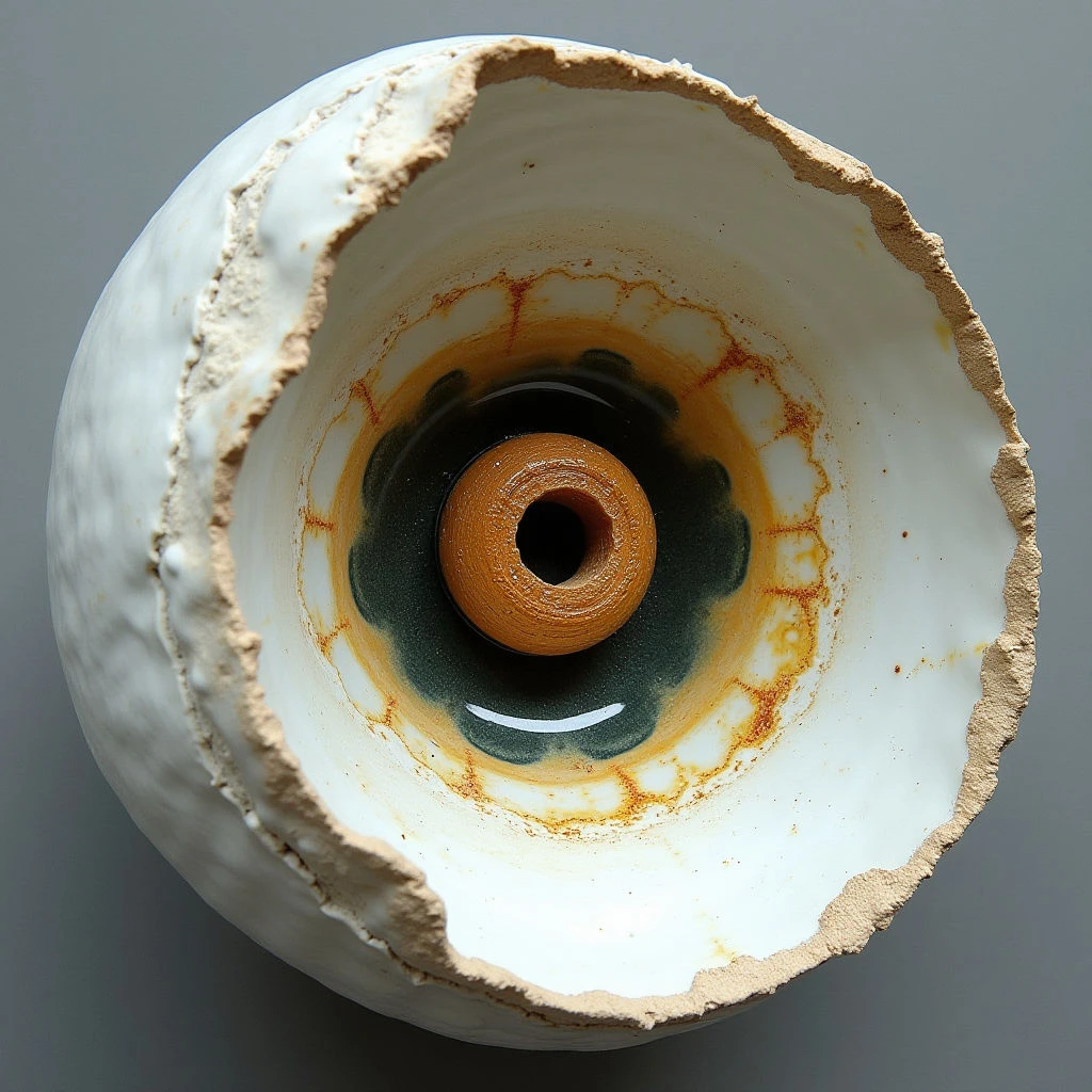 The image depicts a circular opening with concentric rings of color transitioning from a central dark brown to shades of yellow and then white. The interior surface has a rough, uneven texture contrasting with the smoother exterior rim which is chipped and fragmented. Light appears strongest at the center, diminishing outwards, creating depth within the hollow form against a neutral gray background.