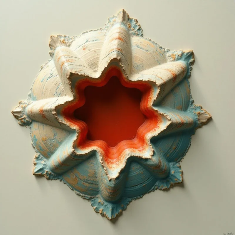 A star-shaped relief sculpture features concentric ridges of cream, terracotta, and teal, creating a layered, undulating texture. The central hollow is deep orange, surrounded by scalloped edges that transition from light sand tones to darker blue hues. Soft lighting casts subtle shadows within the folds and beneath the form, emphasizing its three-dimensional depth against a flat, neutral background.