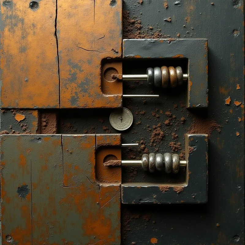 Weathered orange and dark gray surfaces meet in a central composition featuring metallic rods, circular discs, and a single coin. The scene combines the rough, grainy texture of rusted metal and splintered wood with the smooth, hard edges of mechanical components. Light falls evenly across the interlocking shapes, creating subtle shadows that define the depth between the layered materials.
